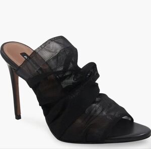 BCBG Maxazria Sarani Sheer Mesh Ruched Black Stiletto Heel Round Toe Mule Shoe
